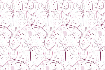 Sketch  microgreen  seeds vector illustration. Seamless pattern with young leaves seedlings. Amaranth raw microgreens sprouts, healthy eating concept