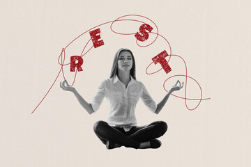 Creative image collage young woman rest meditation om asana self control worker employee relaxation...