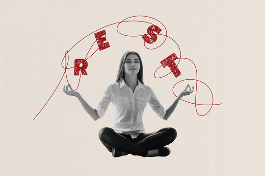 Creative image collage young woman rest meditation om asana self control worker employee relaxation tired overwhelming drawing background