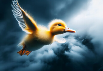 Ein gelbes Entenküken fliegt auf blauem Hintergrund