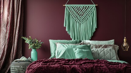 Serene bedroom with mint green macrame hanging on burgundy wall.