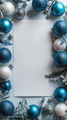 Christmas frame mockup with white empty space for text and blue, silver Christmas balls. Concept of...