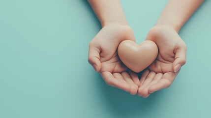 Fototapeta premium Two hands are carefully cradling a heart-shaped object, with a soft blue background creating a tranquil atmosphere. This moment embodies love and care, emphasizing emotional connection
