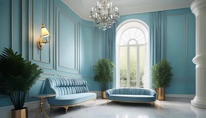 オンラインミーティング用背景 テレビ会議 背景用 CG 豪華なホテルのロビー 水色の壁の部屋 大邸宅 ホール 宮殿 video conferencing background for using in video conference and as a zoom background.