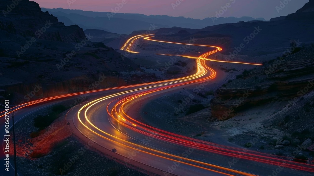 Poster the twisting turns of the desert highways are highlighted by the glowing trails of cars creating a u