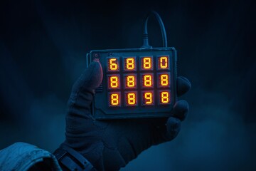 Cyberpunk Countdown: A gloved hand holds a retro-futuristic digital device with glowing orange numbers, set against a dark, moody backdrop. The image evokes a sense of mystery, danger.