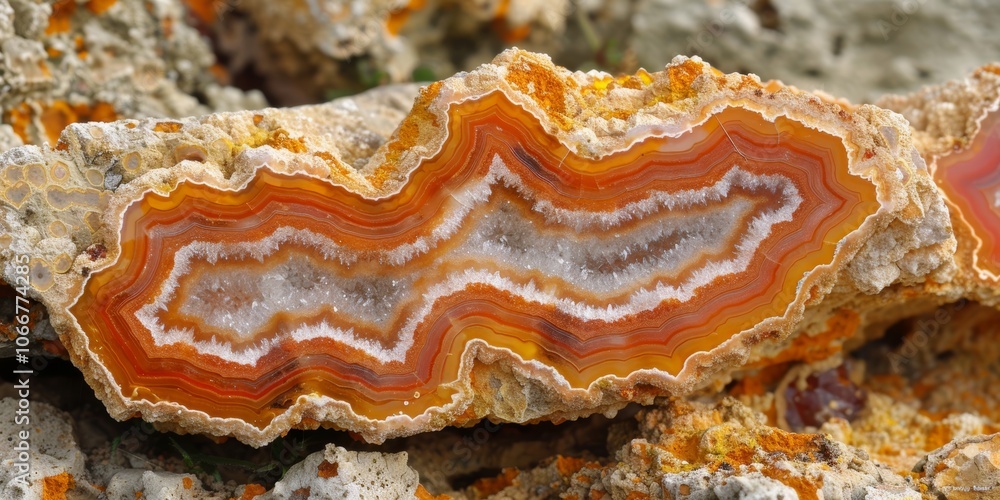 Poster colorful agate stone displaying intricate patterns and vibrant bands in a natural setting, showcasin