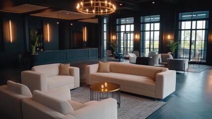 Fototapeta premium Elegant hotel lobby featuring stylish designer furniture and modern decor for a luxurious guest experience.