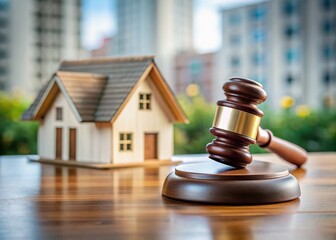 Wooden Gavel and House Model Symbolizing Real Estate Transactions on Table - Concept of Justice, Property, and Legal Proceedings in the Real Estate Industry