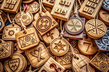 Fototapeta premium Wooden Tags Featuring Mathematics Symbols: A Unique Blend of Education and Art in Muted Colors for Creative Projects