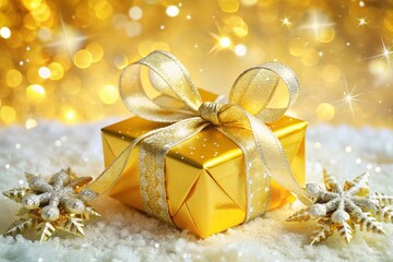 Yellow Gift Box with Gold and Silver Ribbons on Snowflakes Background - Perfect for Holiday Celebrations, Winter Gifts, Christmas, Birthdays, and Festive Occasions