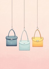 Three pastel-colored handbags in flat illustration style hanging against a soft pink background for a stylish and modern look