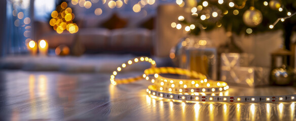 Warm-colored LED Christmas light strip for indoor use, creating a cozy and festive atmosphere perfect for holiday decorating.