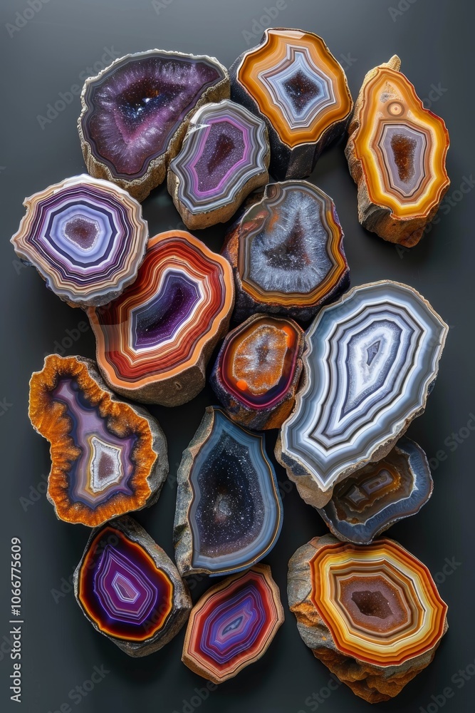 Poster colorful agate stone slices showcasing unique patterns and vibrant colors arranged artfully on a dar