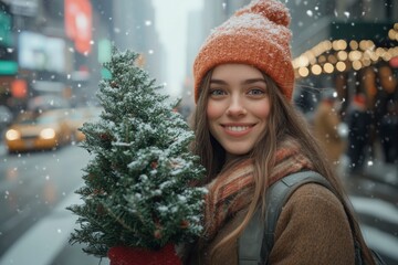 Young woman carrying Christmas tree on blurred city view under snow