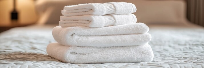 A stack of white towels on a bed. The towels are neatly folded and stacked on top of each other. Concept of cleanliness and organization, as well as a feeling of comfort and relaxation