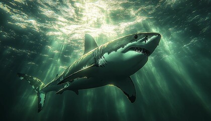 Fototapeta premium scary great white shark swimming underwater in its natural habitat, Great white shark, underwater predator, 
