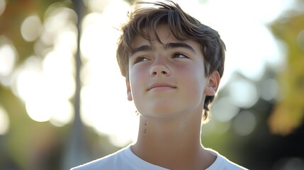 Confident teenage boy in white t-shirt looking up with hopeful expression against blurred sunlit trees, copy space