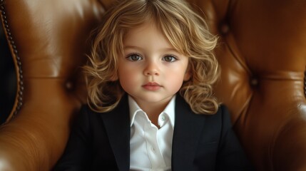 Little girl in suit sitting on leather chair, professional attire, child executive, corporate environment, serious look, young leader, formal clothes, business concept, confidence, innocence