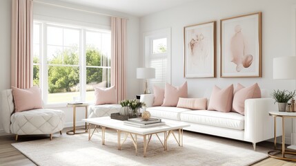 Modern Living Room Interior with White Sofa, Pink Pillows, and Gold Accents