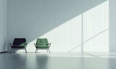 modern interior design background with a white paneled wall and green armchairs on the left side. Mock-up template for a living room or office space, minimalist style