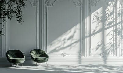 modern interior design background with a white paneled wall and green armchairs on the left side. Mock-up template for a living room or office space, minimalist style