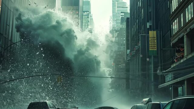 Dramatic illustration of a tidal wave hitting a city street with cars amidst the chaos
