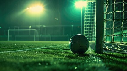 Soccer ball on the field corner with intense green stadium lights and night ambiance
