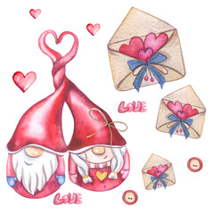 Watercolor set of elements on a white background for Valentine's Day and New Year. Letter, hearts, gnomes. love and friendship cute elements