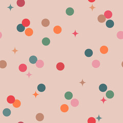 Abstract seamless pattern of colorful dots and stars. Simple geometric elements scattered on beige background. Christmas minimalist concept. Design for holiday print, fabric, wrapping paper, poster.