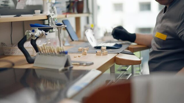 professional laboratory for the production of dental protoses veneers and crowns a specialist adjusts a crown to the shape of a person's jaw gums professional equipment