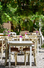 Greek restaurant tables under a vine canopy providing shady areas for people to sit. Alfresco dining cuisine.