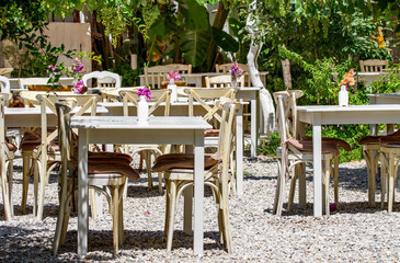 Greek restaurant tables under a vine canopy providing shady areas for people to sit. Alfresco dining cuisine.