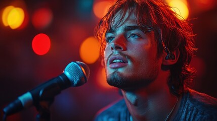 Young male singer performing on stage with microphone, intense expression, close-up portrait, concert, musician, passion for music, live performance, energy, talent