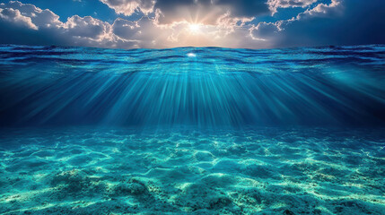 Sunlight breaking into underwater depths, Breathtaking underwater scene showcasing clear blue water, sun rays piercing through the surface, and vibrant textures of ocean life.