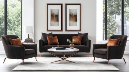 Fototapeta premium Modern Living Room with Brown Velvet Sofa, Armchairs, and Rose Gold Accents