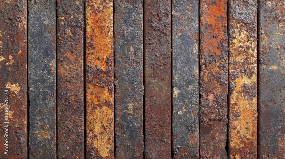 Poster close-up of a fragment of rusty metal fence, highlighting the texture and character of the iron rail