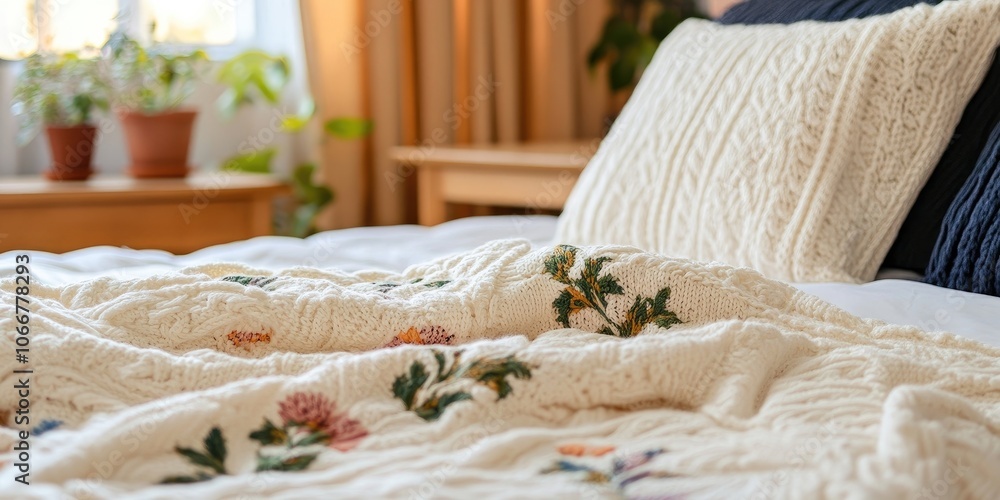 Poster a soft and warm white knitted blanket adorned with floral patterns is spread across the bed, creatin