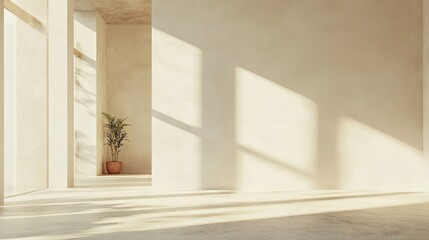 Fototapeta premium Bright and airy empty room interior with sunlit walls creates an inviting atmosphere, perfect for adding your unique touch. Ideal for showcasing design ideas with ample copy space.