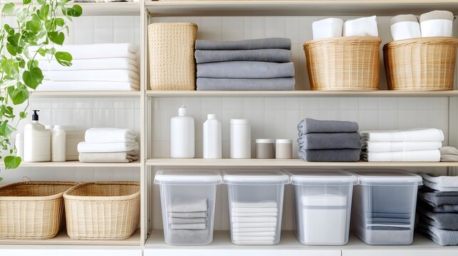Organized linen closet with white storage containers, woven baskets, folded towels and bathroom essentials on wooden shelves, copy space