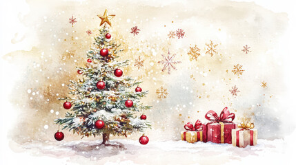 Obraz premium Aesthetic Christmas retro card with new year tree, watercolor hand-painted in pastel colors. Copy space. Generative AI