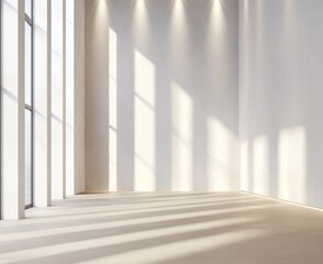 Minimal white wall space with beige floor, narrow windows, lit up.
