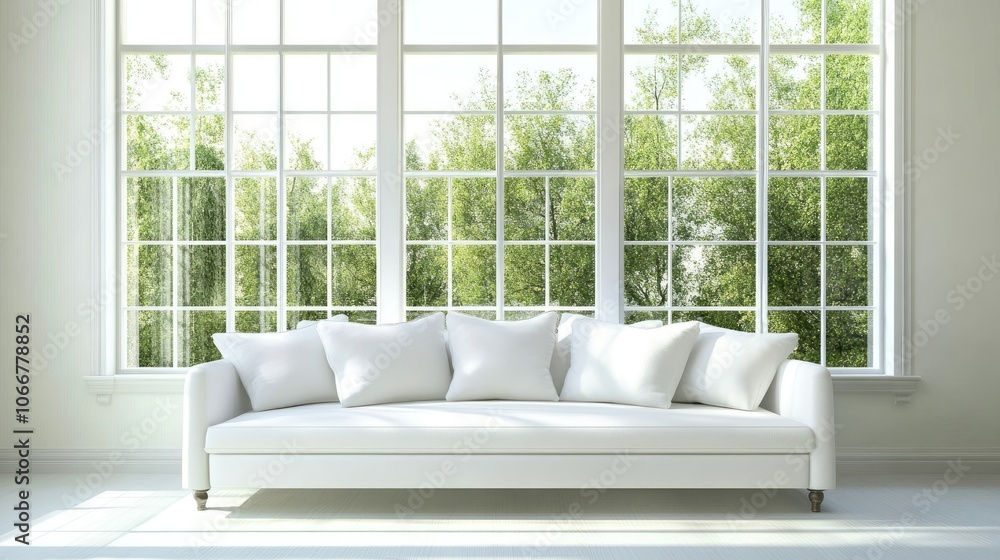 Poster sophisticated white sofa positioned elegantly in front of expansive windows, creating a bright and a
