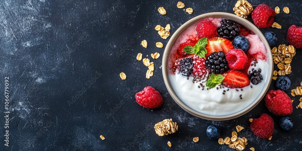 Poster homemade natural yogurt serves as a nutritious snack or breakfast option. the full image features am