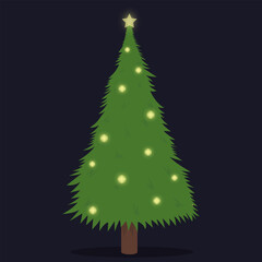 Christmas tree vector flat illustration isolated on dark background. New Year tree with gold balls and a star.