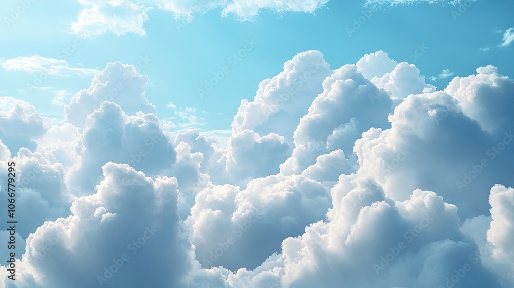 Poster fluffy white clouds with soft edges drift across a blue sky, creating an ideal backdrop. this serene