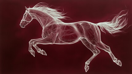 A white horse leaps across a dark red background, its mane and tail flowing behind it