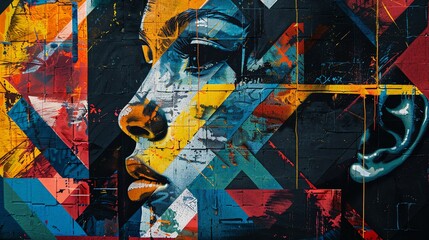 Obraz premium A colorful abstract graffiti mural with a woman's face.