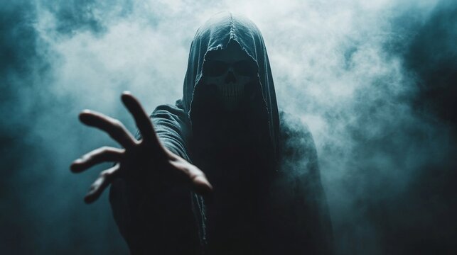 A mysterious figure in a hooded cloak and skull mask reaches out from a cloud of smoke.