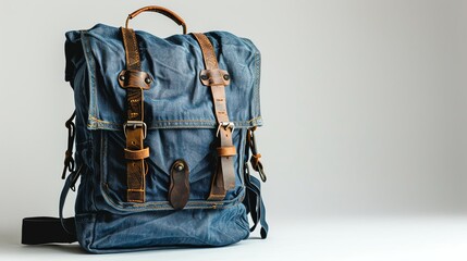 A blue denim backpack with brown leather straps and buckles in front of a white background.